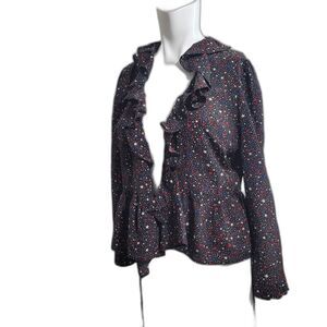 Madewell Small top blouse Silk ruffle collar stars graphic print open front tie